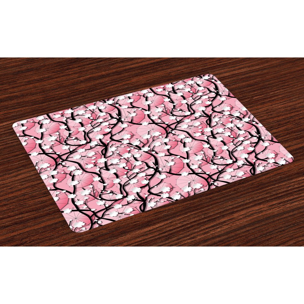 Japanese Placemats Set of 4 Japanese Sakura Tree Flowers on Umbrellas and Curved Branches