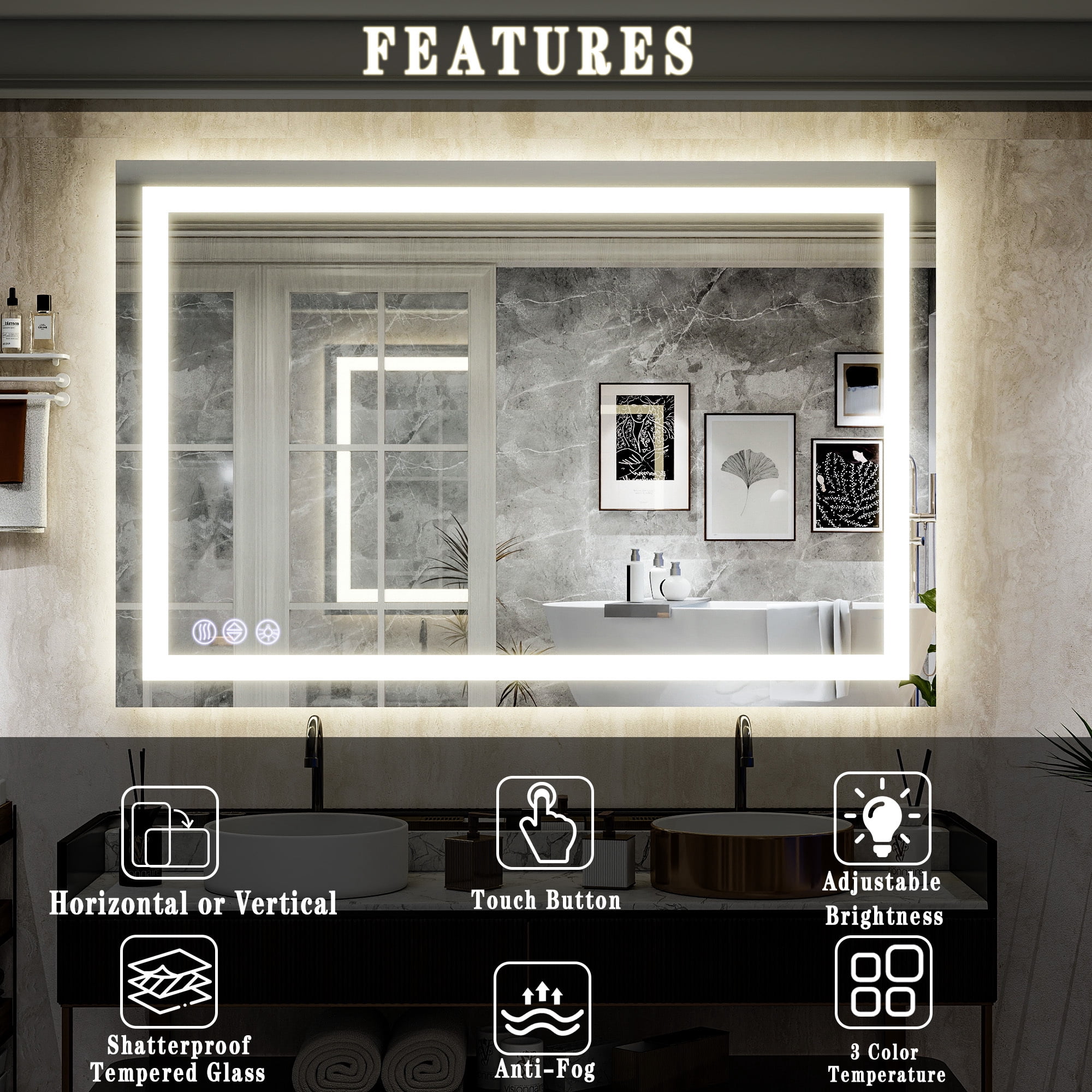Mirrasia 48"x36" LED Bathroom Mirror Lighted Vanity Wall Mirror 3 Color Temperature Dimmable Mirror