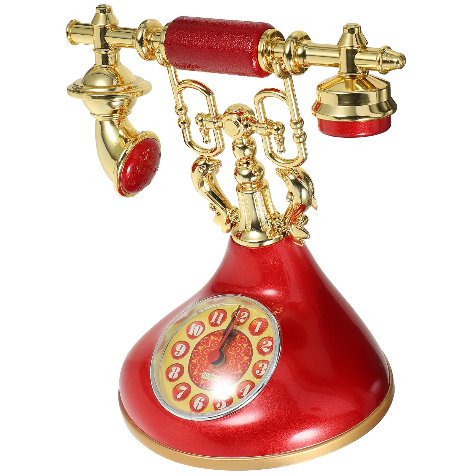 SKISUNO Artistic Red Telephone Alarm Clock with Non Ticking Movement for Home Ornaments