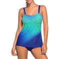 thumbnail image 2 of Women's Solid Ruched Tankini Top Swimsuit with Triangle Briefs and Striped Printed Strappy Racerback Tankini Swim Top and Side Split Waistband Swim Shorts Bundle, 2 of 8