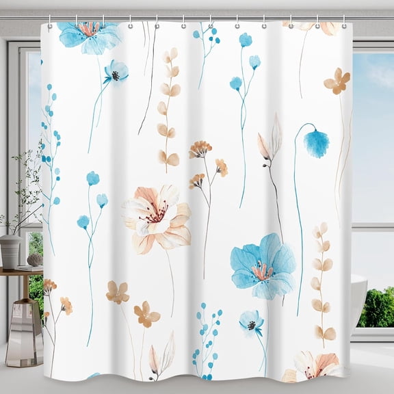 CAILDANL Shower Curtain Watercolor Flower Shower Curtain Sets - Spring Blue Beige Floral Plant Shower Curtains for Bathroom, Washable Modern Farmhouse Decor, 72 x 72