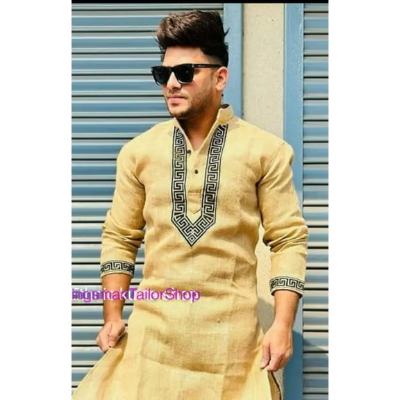 Cotton Silk Trendy Kurta Pajama Set Handmade Top Block Print Pattern Men's Clothing For Festive Eid Diwali Wear Traditional Ethnic Outfit