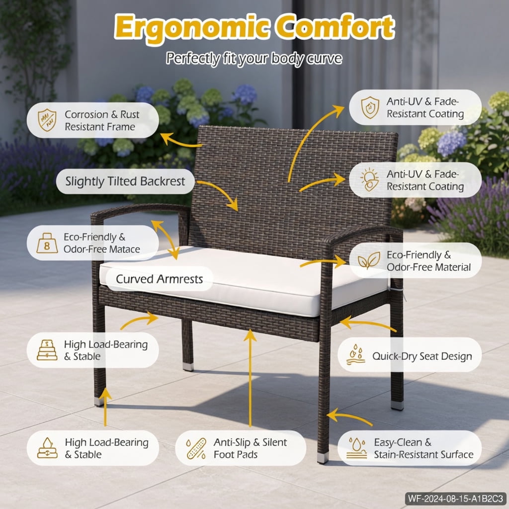 Hommoo 2-Seat Outdoor Wicker Loveseat Bench with Removable Off-White Cushions, PE Rattan & Metal Frame, Patio Garden Poolside Seating, Natural
