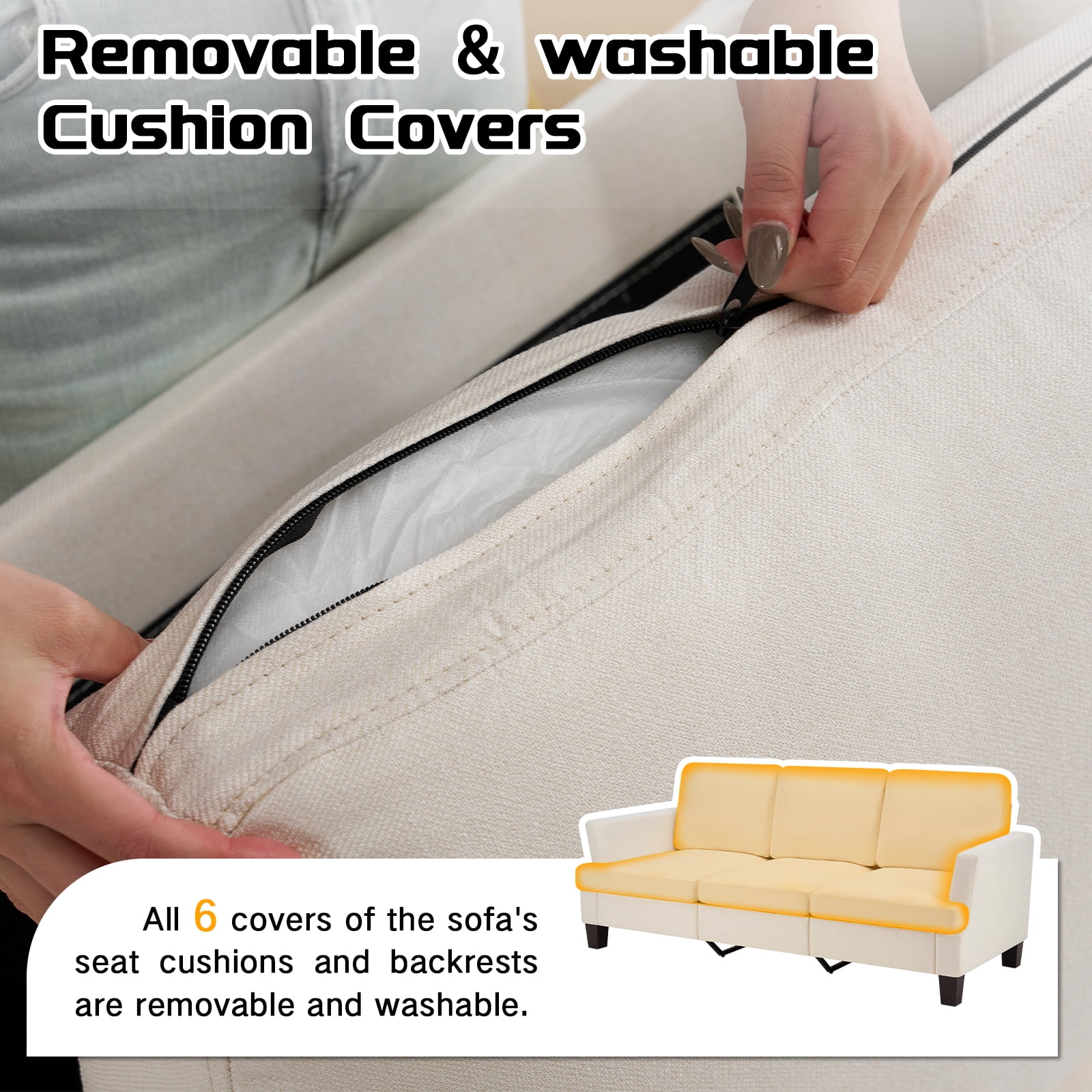 3 Seater Sofa, 84" Linen Upholstered Sofa with Extra Deep Seats, Classic Modern Couch for Living Room, Beige