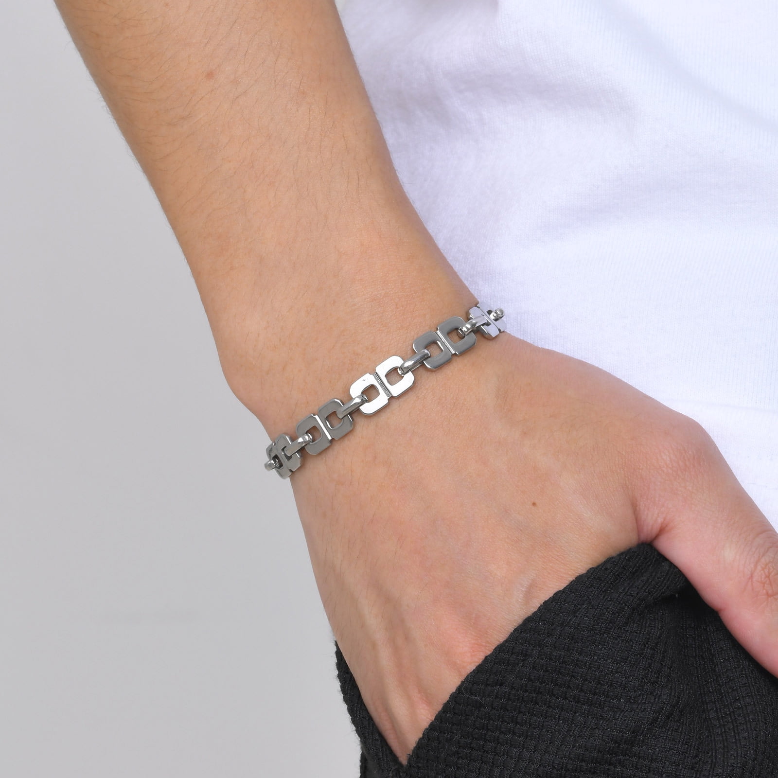 Casual Chain Bracelets for Men Boys,14K White Gold Waterproof 8 Chain Link Wristband with Lobster Buckle,Punk Jewelry Gift