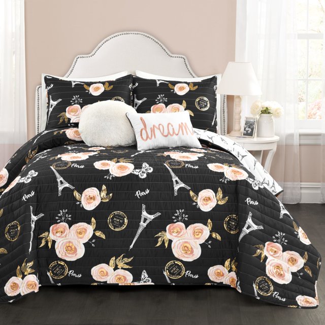 Vintage Paris Rose Butterfly Script Edredón Negro Juego de 5 piezas Full / Queen Lush Decor 16T005347