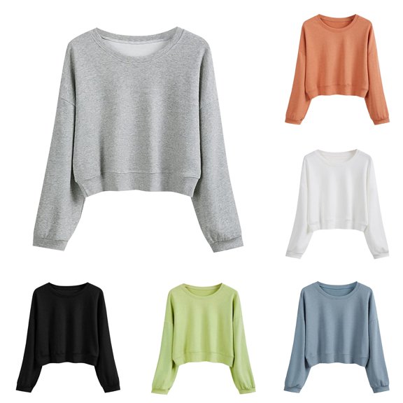 Women's Solid Color Round Neck Casual Long Sleeve Cropped Sweater Top Fall Jacket Women Warm Designer Sweats Women Ladies Athletic Top Full Zip Hoodie Set Front Zip Athletic Jacket Ladies Zip up