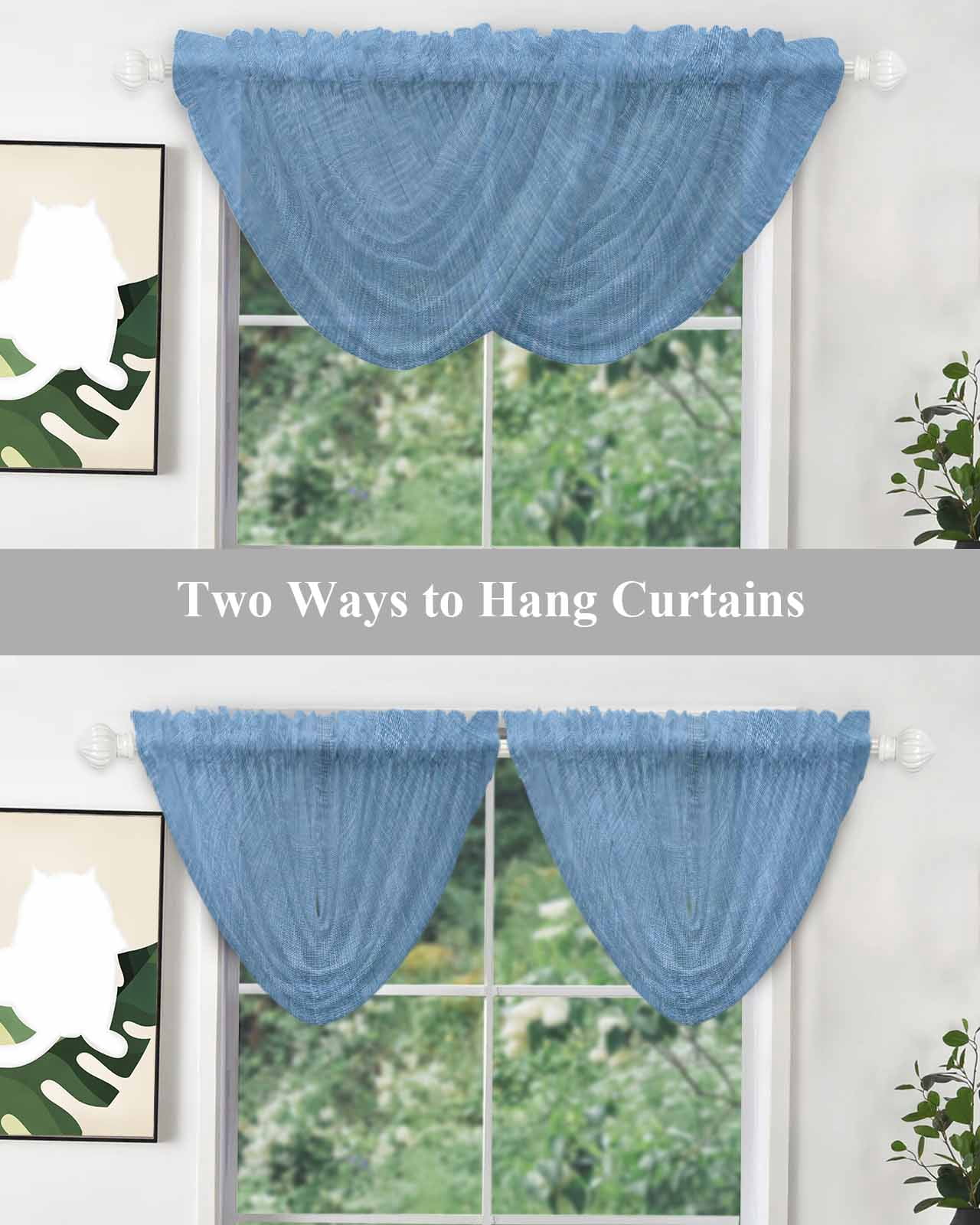 Blue Waterfall Valances for Windows, Farmhouse Burlap Solid Blue Color Modern Linen Texture Sheer Valance Curtains, Rod Pocket Elegant Swag Valances for Living Room Bedroom, 47.2"x38.5", 2 Panel