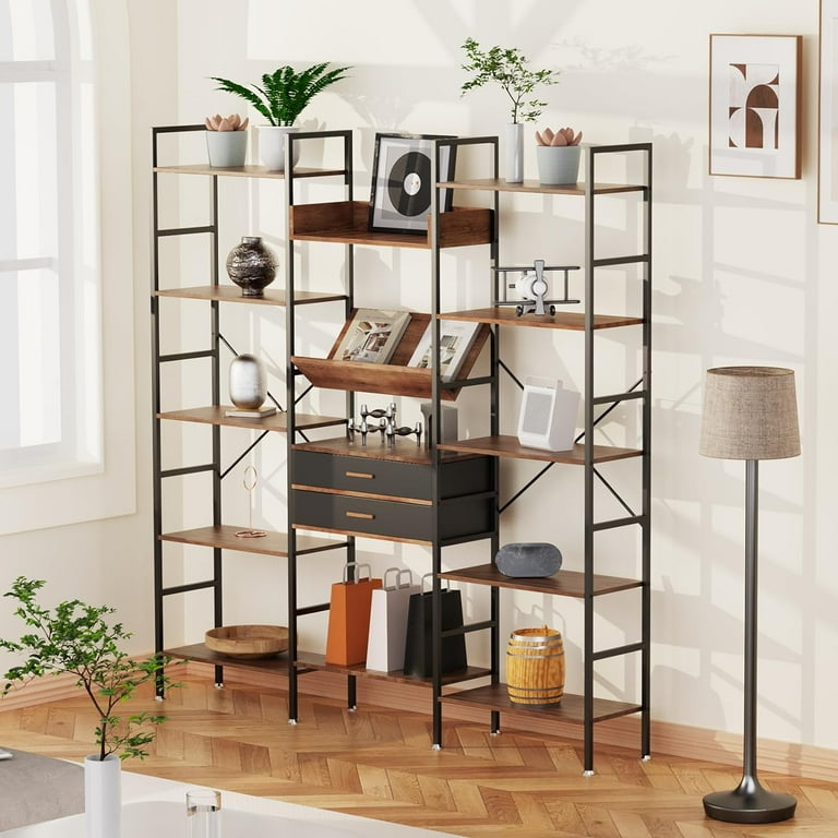 Bookshelf, Triple Wide Tier Industrial Bookshelf Display Shelves