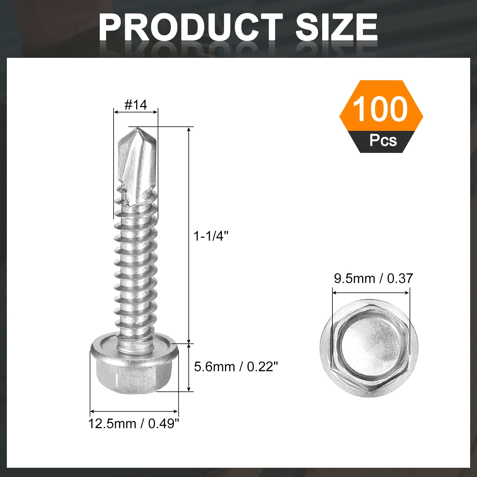 Uxcell 100 Pack #14 x 1-1/4" Self Drilling Screws, 410 Stainless Steel Self Tapping Screws for Metal, Hex Washer Head Sheet Metal