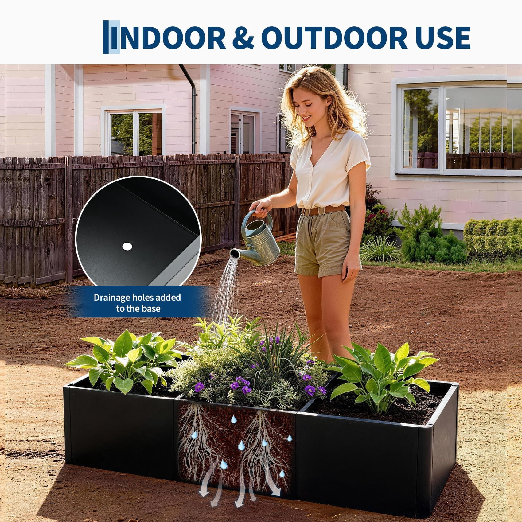 Large Rectangular Metal Planter Box, Home Garden Plant Pots, Indoor Windowsill Planter, Large Garden Planters with Rounded Corners for Outdoor Plants for Patio Deck Garden, With or Without Bottom