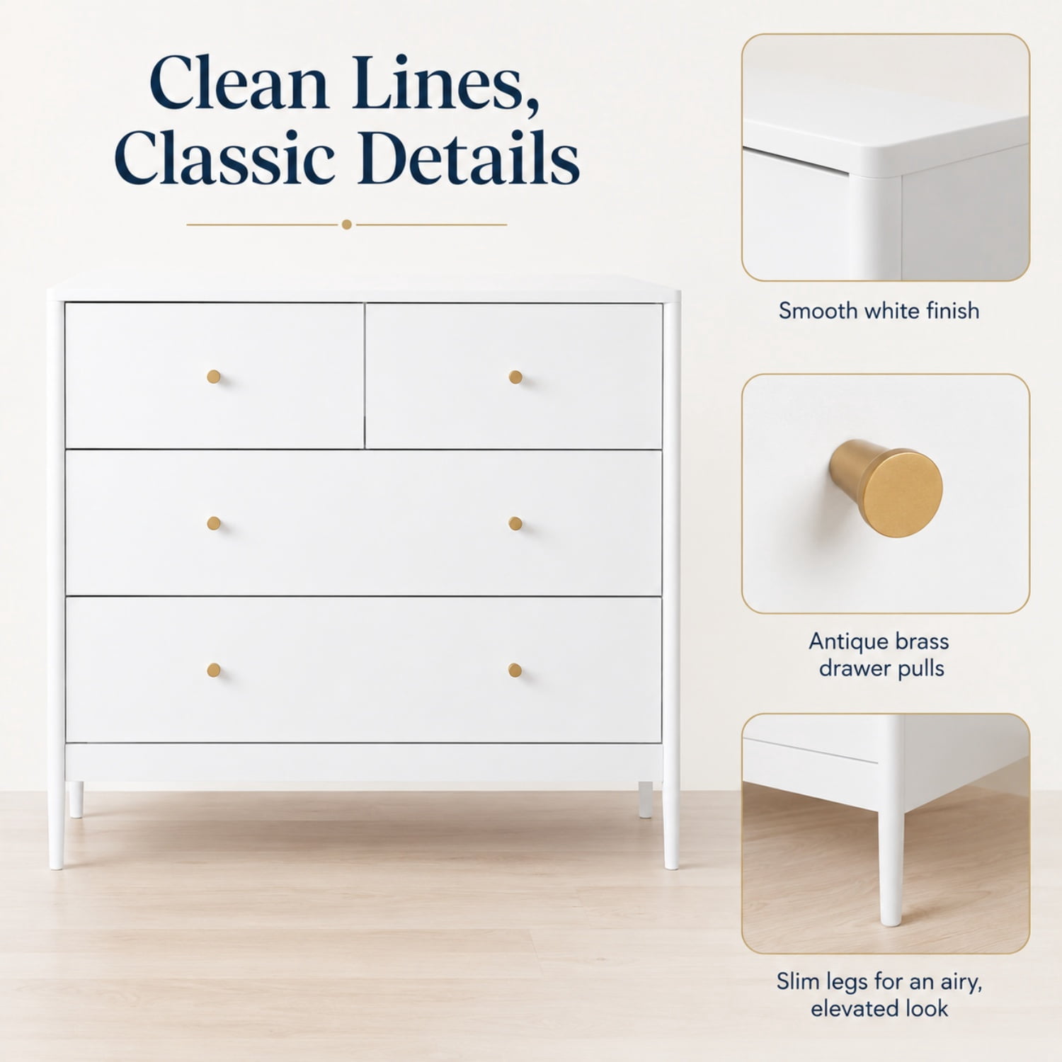 Miniyam 4 Drawer Dresser, White Chest of Drawers for Bedroom, Nursery and Kids Room