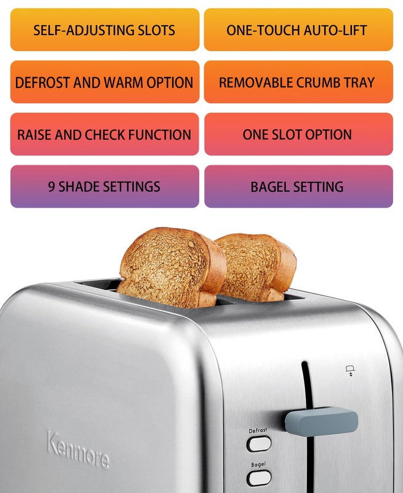 Kenmore 2 Slice 1400W Toaster with Dual Controls, 1.5 in  wide Slots, Silver