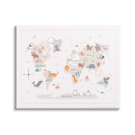 Stupell Industries Native Wildlife Animals Countries World Map Education Graphic Art Gallery Wrapped Canvas Print Wall Art, Design by Andrea Jasid Grassi