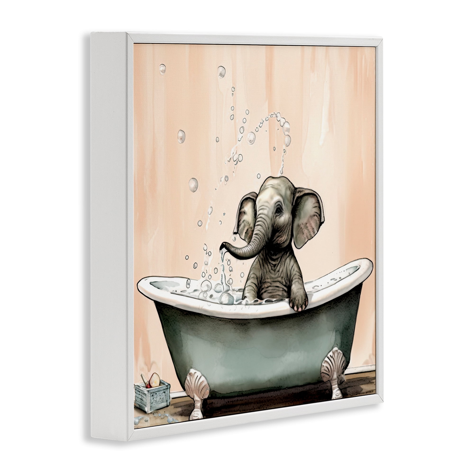 Baby Elephant Bubble Bath White Framed Giclee Art, design by Sasha