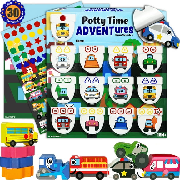 Potty TIME Adventures Potty Training Chart for Toddlers Toilet Training Advent Game Behavior Reward Chart 14 Wooden Stacking Block Toys, Car Stickers, Activity Board (Busy Vehicles)