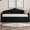 thumbnail image 5 of Twin Size Daybed with Trundle and Charging Station, Velvet Tufted Sofa Bed with Side Pockets and Upholstered Headboard for Living Room, Black, 5 of 10