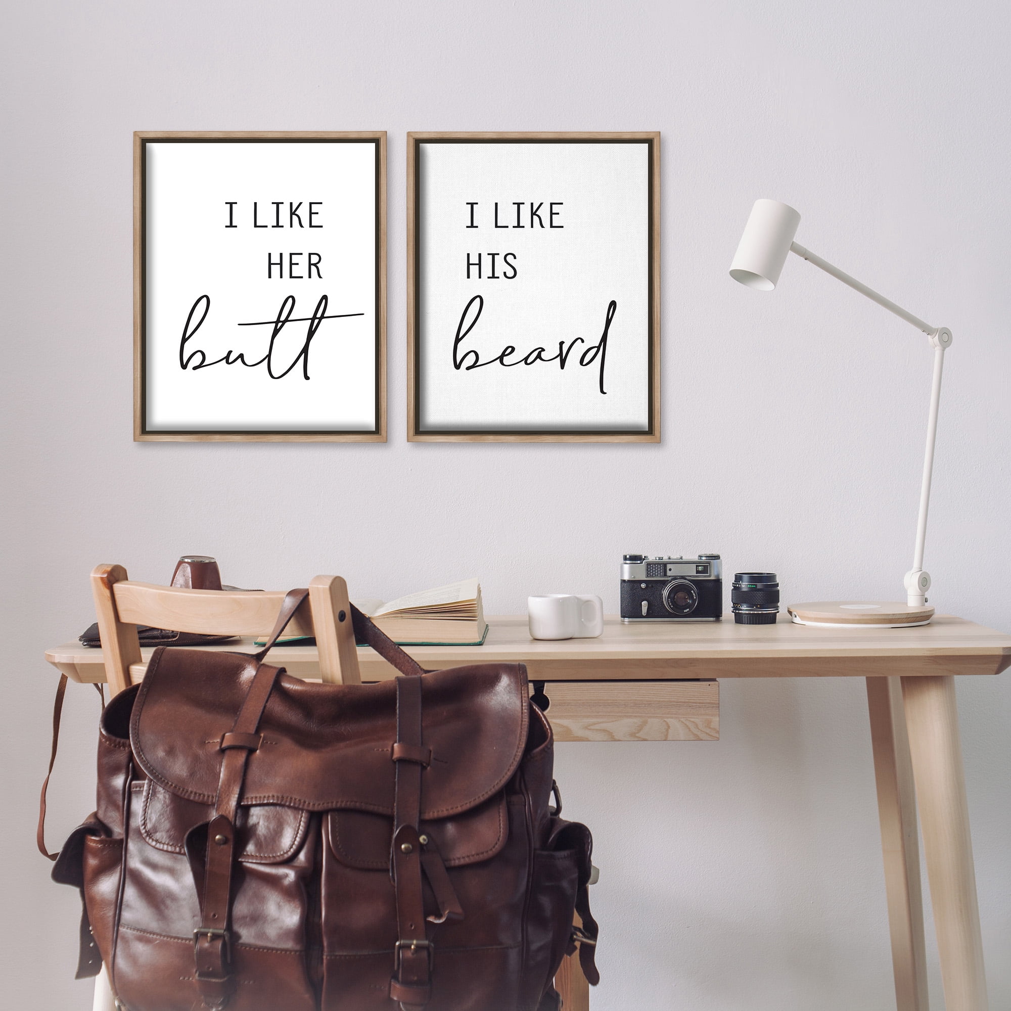 Stupell Industries Her Butt His Beard Funny Romantic Typography Painting Brown Floater Framed Canvas Art Print Wall Art, 17 x 21, Set of 2