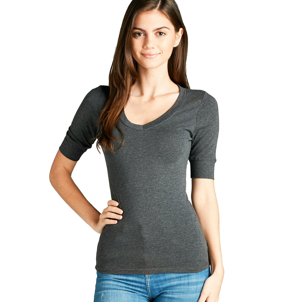 SNJ - Women's Basic Elbow Sleeve V-Neck Cotton T-Shirt Plain Top-Plus ...