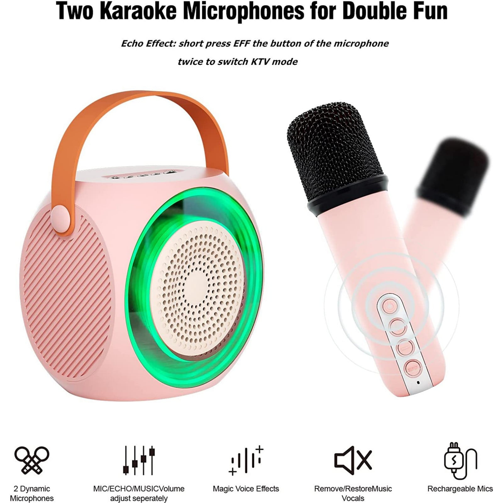 Mini Karaoke Machine, Portable Wireless Speaker with 2 Wireless Microphones, Compatible with Bluetooth-Enabled Devices, for Children and Adults, with LED Lights.-Pink