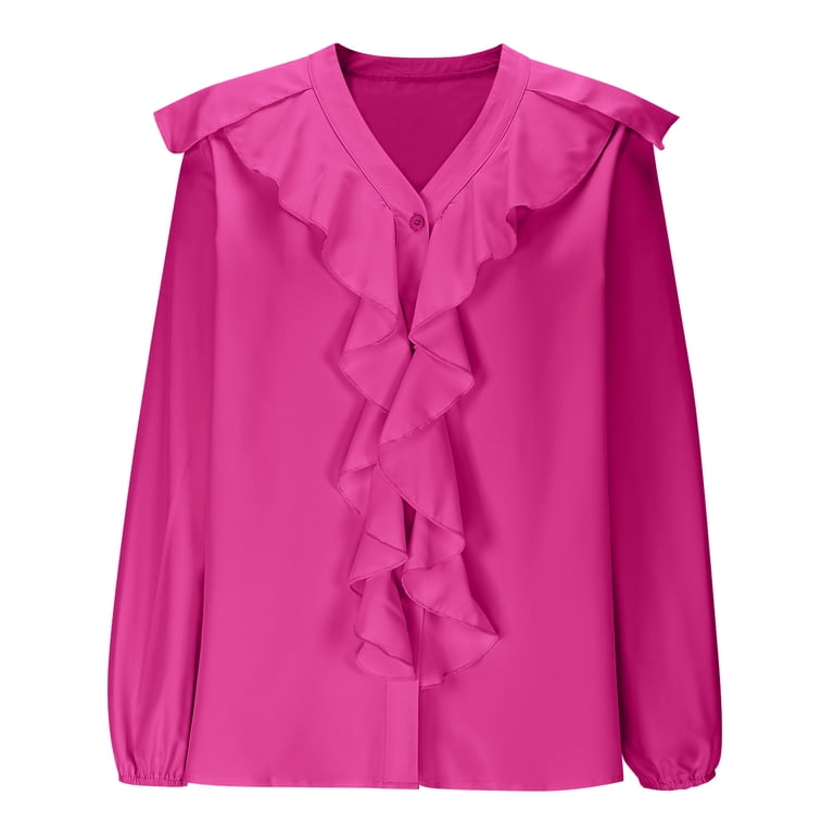 EchfiProm Chiffon Tops for Women Hot Pink Y2k Comfy V Neck Ruffle