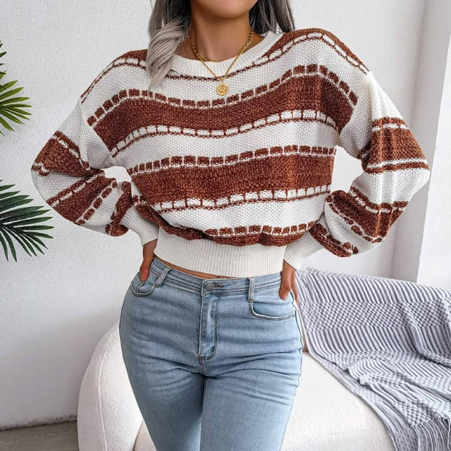 Babysbule Chandails pour Femmes Grande Taille Nouveautés Mode Femmes Décontracté Col Rond Manches Longues Chandail Ample Blouse Chandail Hauts Liquidation Mode pour Femmes