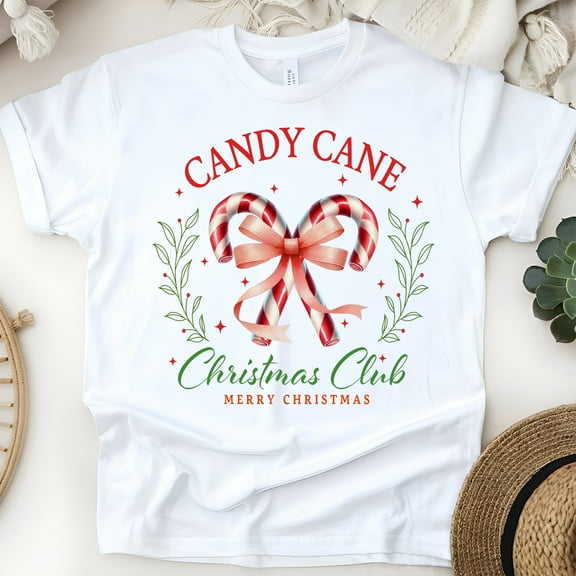 Candy Cane Christmas T-Shirt | Holiday Bow Graphic Tee, White, Size S