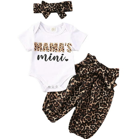 

Kuriozud Newborn Girl Letter Leopard Printed Top Long Pants Headband Set