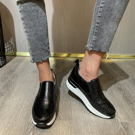 

Summer Savings Clearance UMfun Women s Casual Shoes Round Toe Slip On Wide Sneakers Fashionable Large Women s Shoes Wear Solid Color Leisure Thick Soled ShoesBlack