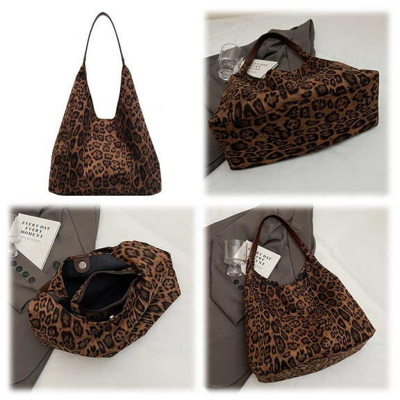 Women Suede Large Tote Bag Leopard Print Shoulder Bag Hobo Bag for Work (Brown)