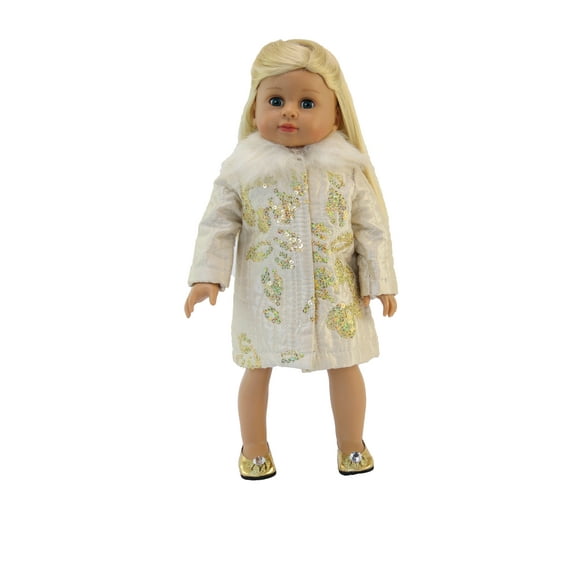 Cream Coat with Gold Sequin Flower Design For 18 Inch Dolls
