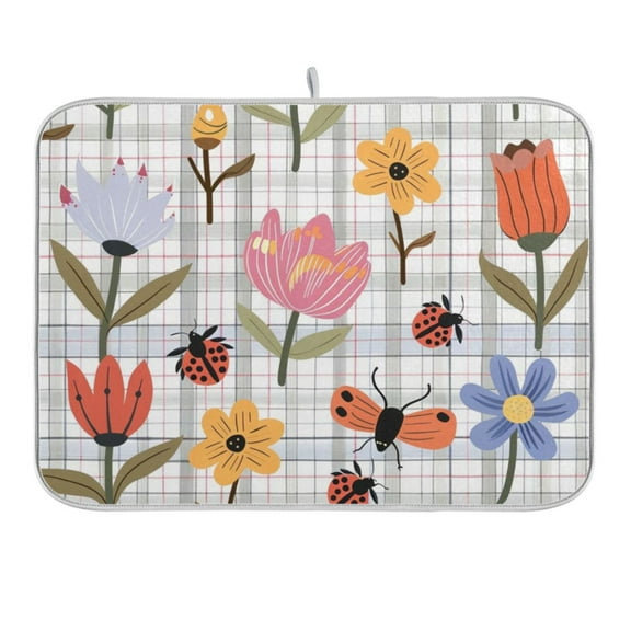 Flowers and Ladybirds Dish Drying Mat for Kitchen Counter 16x18 In Absorbent Microfiber Reversible Mats Dish Drainer Protector Rack Pad for Coffee Bar Table