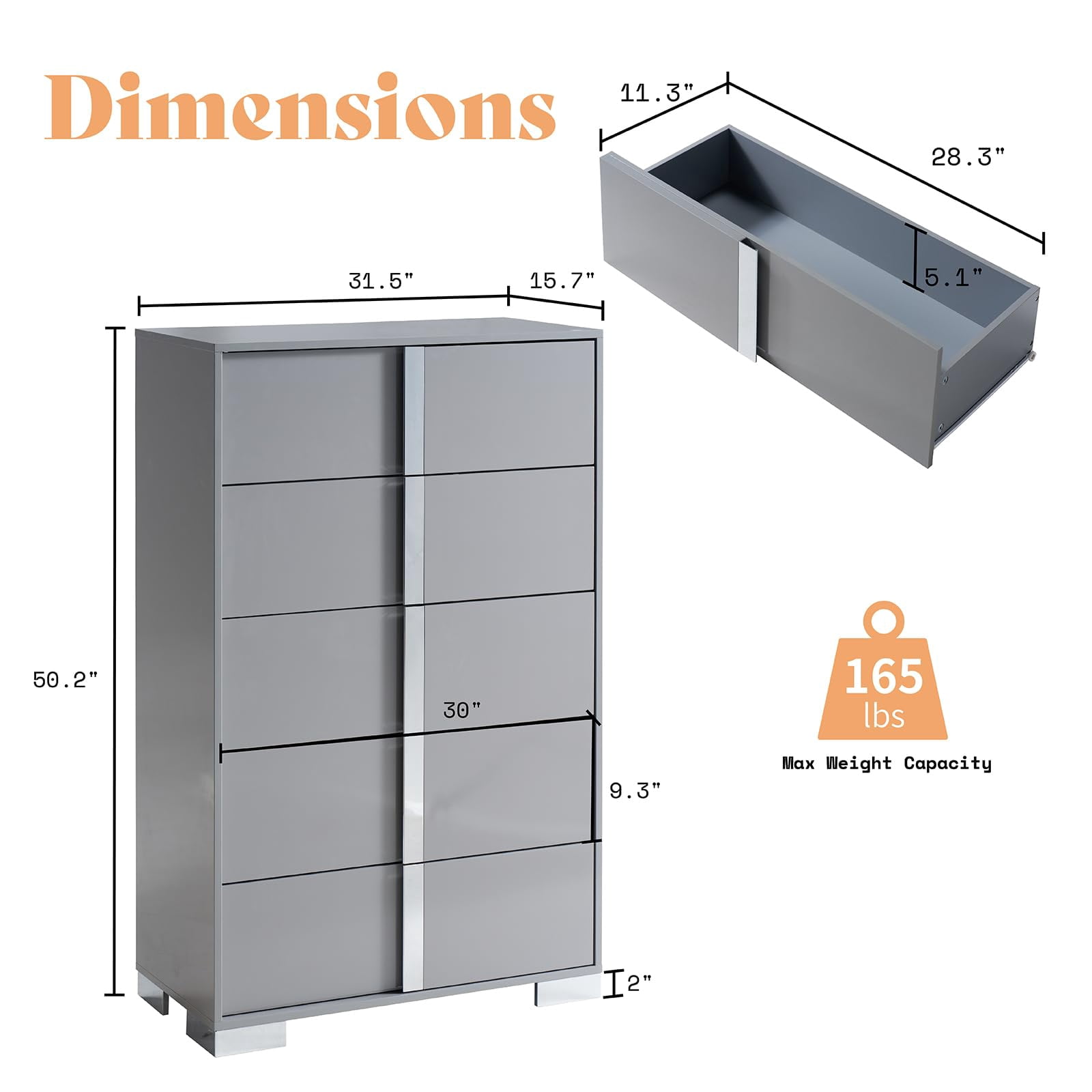 Merluxy 50.2" H Modern 5 Drawer Dresser, Glossy Surface Chest of Drawers, Large Storage Organizer for Bedroom, Living Room, Adult, Light Grey