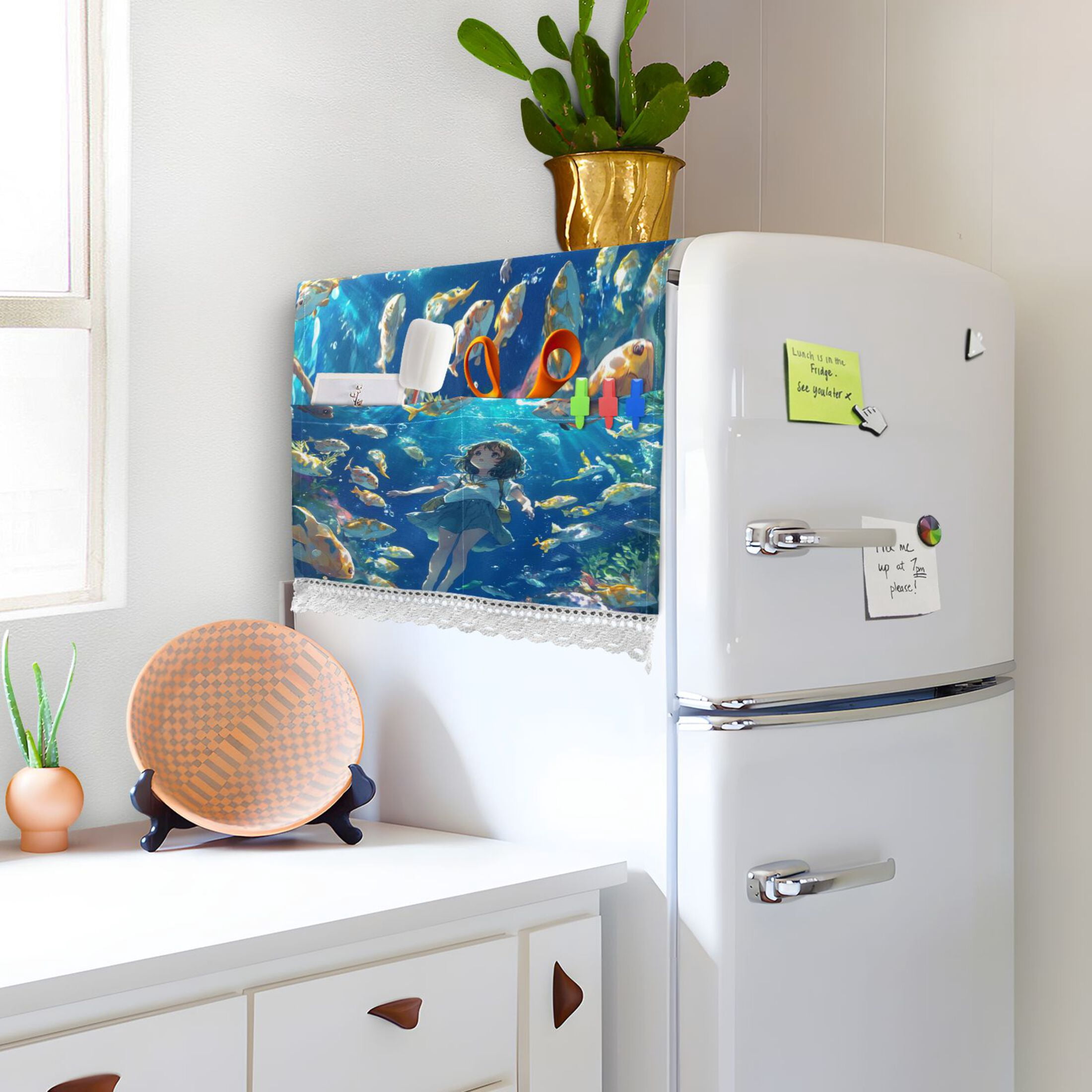 An Undersea World GirlWasher and Dryer Covers Dust-Proof and Oil Resistant Fridge Cover with 4 Storage Pockets Washing Machine Top Cover for Laundry Kitchen Home 51.2 x 22 In