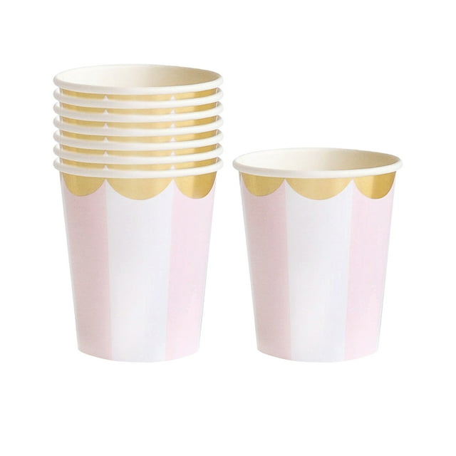 Amdohai 8PCS Disposable 270mL Paper Cups Pink Stripes Tableware Set Ecological Degradable