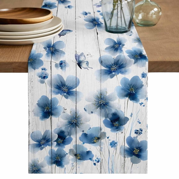 Table Runner 72 Inches Long for Kitchen Dining, Navy Blue Floral Dresser Scarf Farmhouse, Dining Table Decorations for Wedding/Parties, Spring Flowers Butterflies Wooden 18 x 72 In