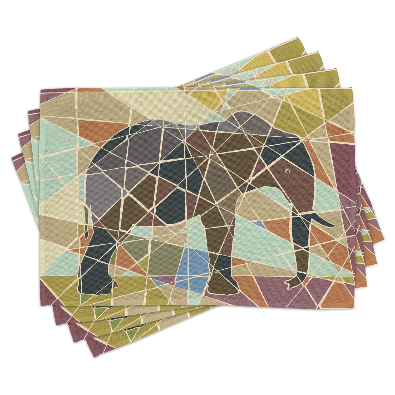 Elephant Placemats Set of 4 Mosaic Design African Animal in Soft Colors