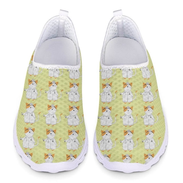 Nuevos zapatos planos casuales para mujer, bonitos y atractivos zapatos de enfermera con estampado de dibujos animados de médico y gatito, cómodos y suaves, zapatillas de malla