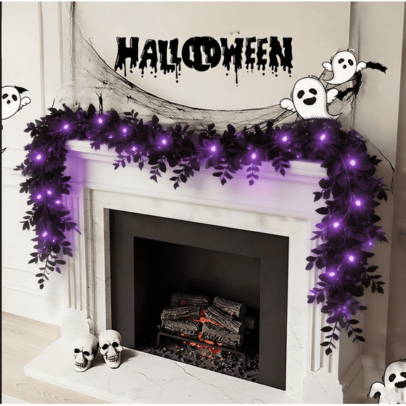 Halloween Decoration LED Light Garland with Black Leaves | Rattan Floral Garland 70" | Spooky Hanging Garland for Mantel Doorway Stair Party Backdrop | Artificial Flower Garland for Halloween Decor