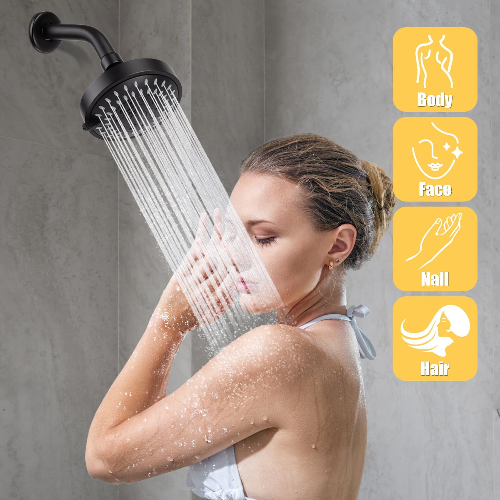 Shower Head High Pressure Rain Fixed Showerhead 5-Setting with Adjustable Metal Swivel Ball Joint - Relaxed Shower Experience Even at Low Water Flow & Pressure