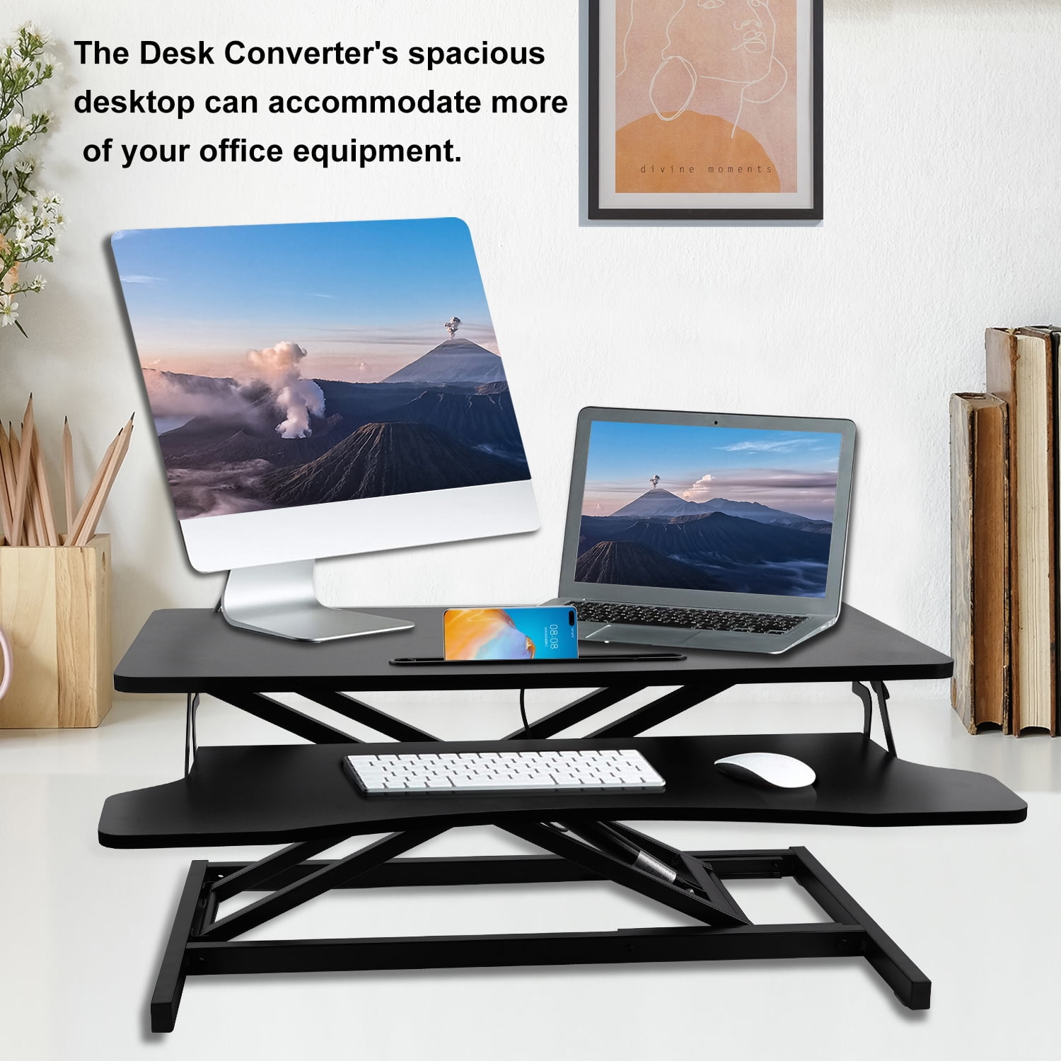 32'' Height Adjustable Standing Desk, Converter Tabletop, Dual Monitor Riser Workstation, Black