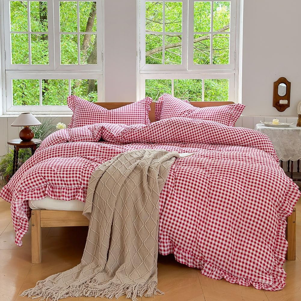 Red Gingham Ruffle Duvet Cover Twin Size, 2 Pieces Soft Pre-Washed Microfiber Checked Plaid Comforter Cover Set, Vintage Farmhouse Bedding Set(Red Gingham, Twin 68"x90")