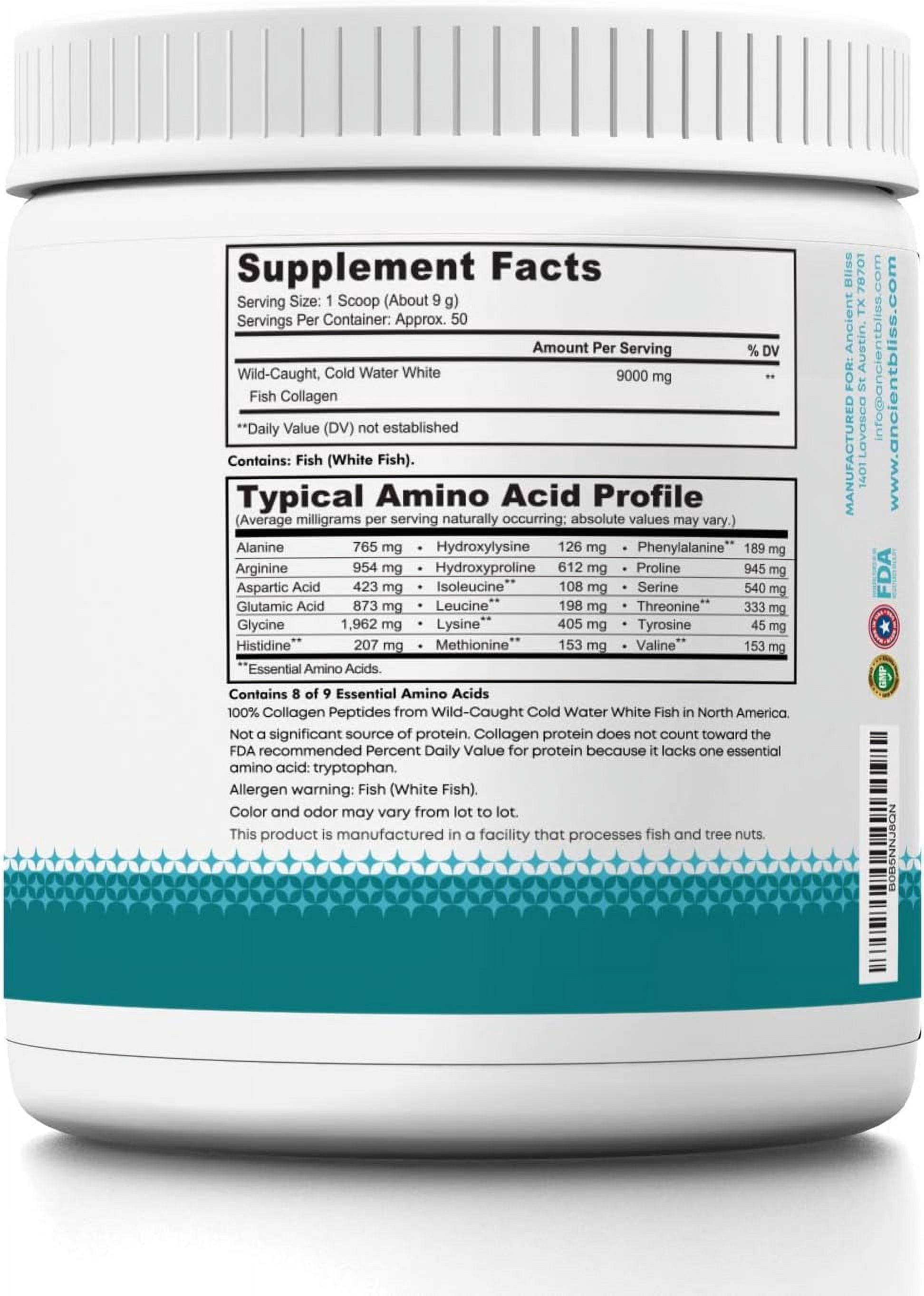 Ancient Bliss Wild-Caught Marine Fish Collagen Peptides Powder, Flavorless, Gluten-Free, 15.87 oz