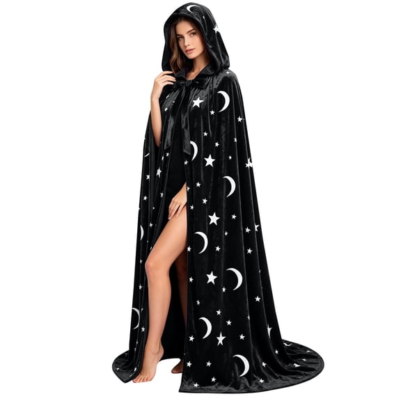Halloween Shawl Wraps for Women Witch Hooded Robe Cloak with Moon and Star Print Full Length Flowing Cape Womens Wraps and Shawls