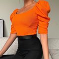 thumbnail image 3 of Camiseta informal con manga abombada y cuello redondo para mujer, camiseta ajustada acanalada de color puro, Top naranja S, 3 of 7