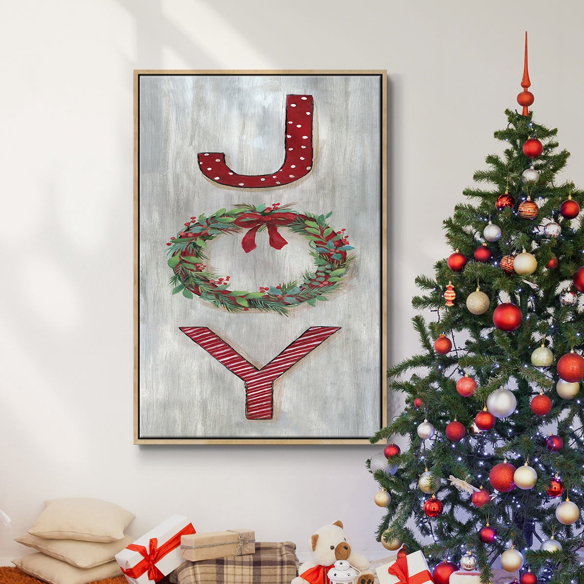 Joy - Framed Gallery Wrapped Holiday Canvas - 25 x 37 - Natural Wood Frame