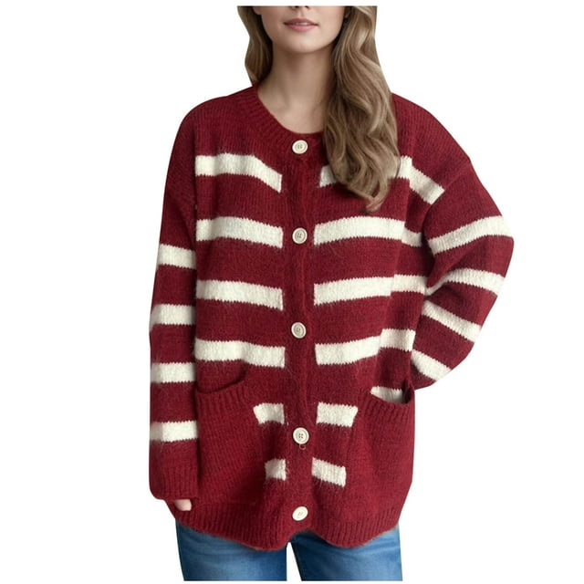 UAMVSH Cardigans à Rayures pour Femmes Légers à Boutons Manches Longues Tricot Classique Automne Hiver avec Poches (Moyen, Rouge)