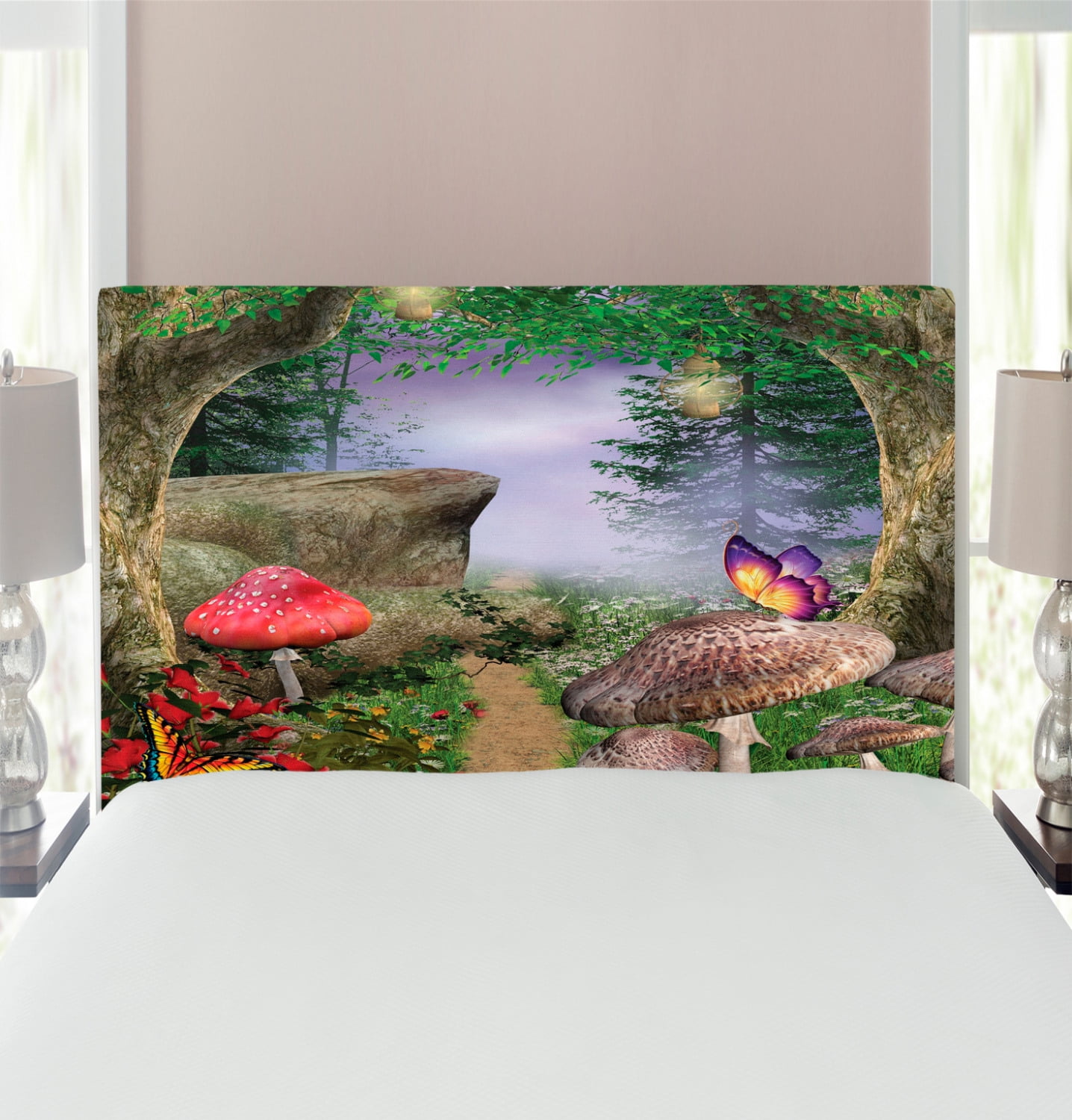 Mushroom Headboard, Enchanted Nature Pathway Butterflies Landscape