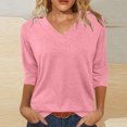 thumbnail image 2 of Women's Solid Color 3/4 Sleeve V Neck Pullover Sweater Tops Casual Loose Fit Fashionable Soft Knit Tunic Length for Work Office Vacation Travel Daily Wear | Aestivo,Pink XL, 2 of 9