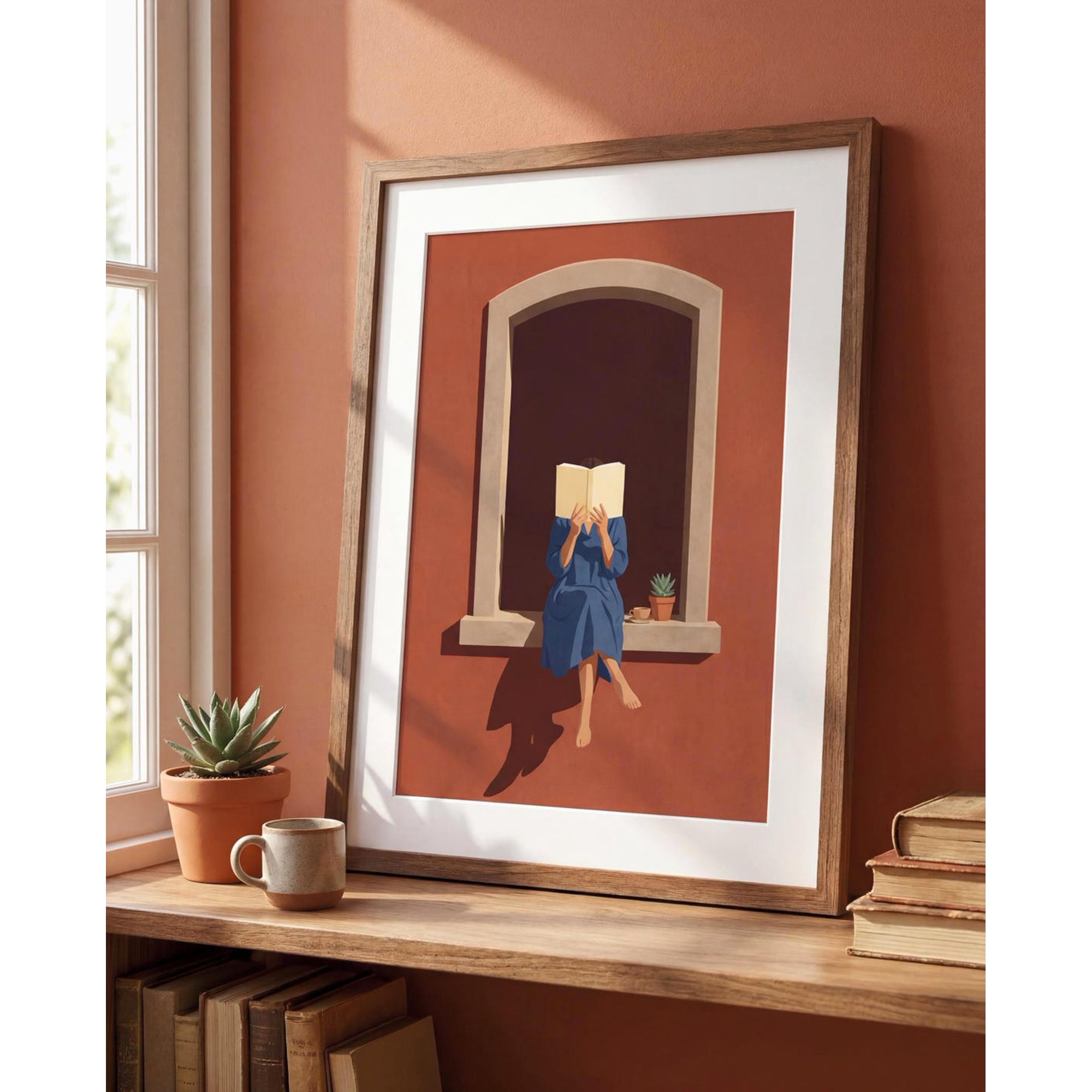 Woman Reading Window Print, Book Lover Wall Art, Minimalist Illustration, Dopamine Decor, Poster Only